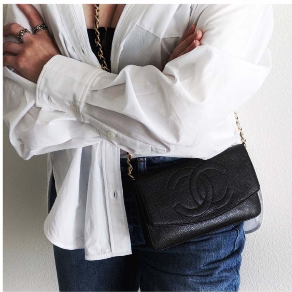 Authentic CHANEL smooth Leather  Long Bifold Wallet on Chain WOC